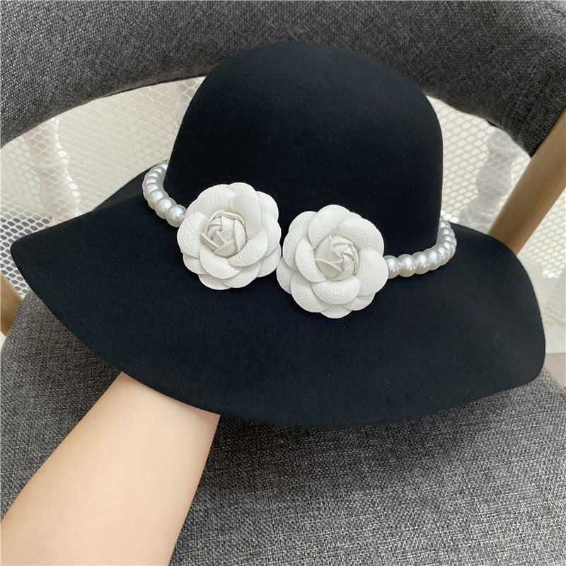 Elegant Socialite Pearl Flower Bride Hat French Style Black Wide Brim Hat and Graceful British Style Wide Brim Hat 250615