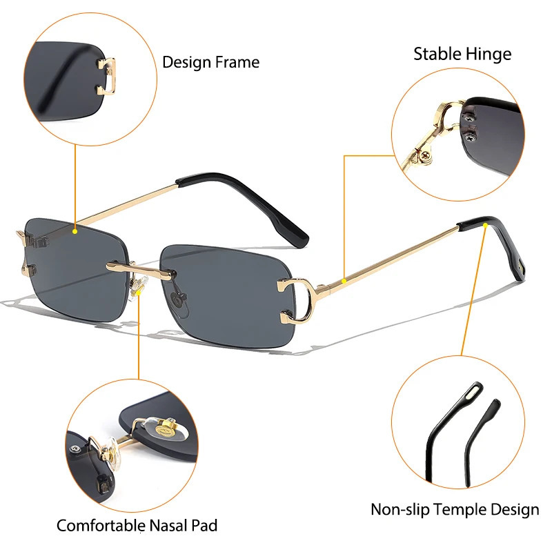 HBK Retro Rimless Sunglasses For Women Men Small Square Gold Frame Tea Shades Rectangle UV400 Zonnebril Eyewear 250616