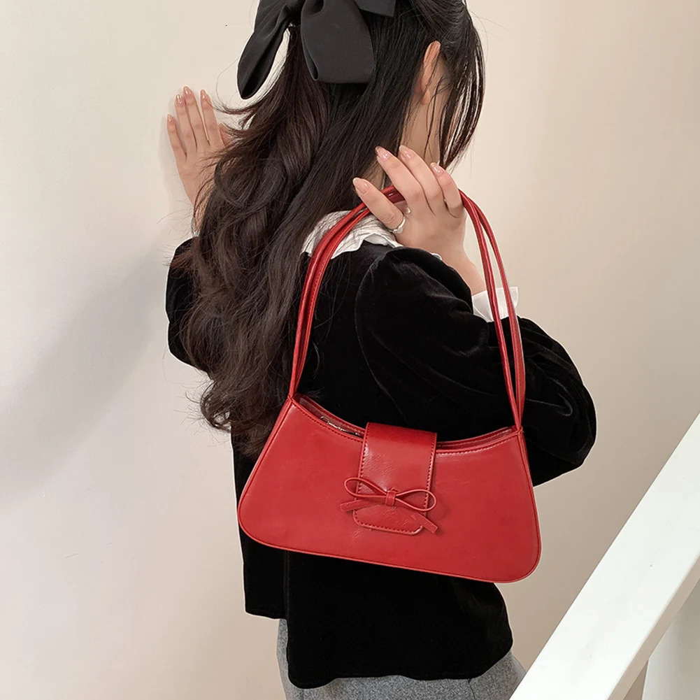 Sweet Bow Y2K Handbag PU Leather Underarm Pouch Women Retro Clutch Purse with Zipper Girls Causal Handbag Chic Top-Handle Bags 250614