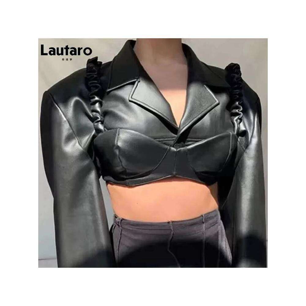 Lautaro Spring Autumn Short Soft Black Pu Leather Jacket Women 2025 Long Sleeve Designer Runway Sexy Fashion Cropped Top