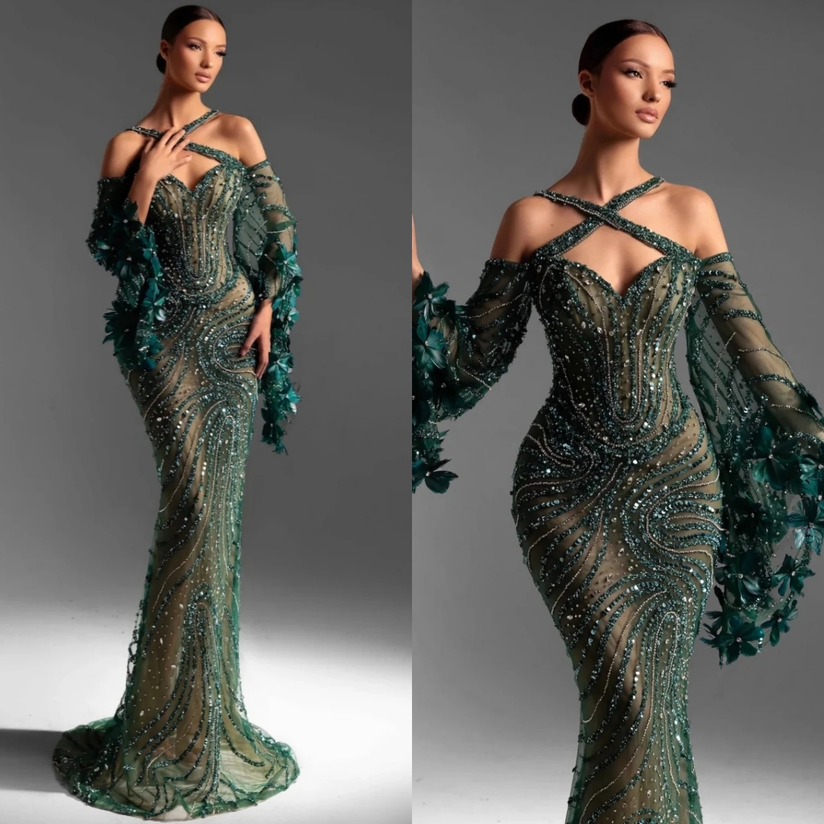 Modern Sequins Evening Dresses Beading Rhinestone Prom Dress 3D Flowers Illusion See Through Mermaid Party Gowns Vestidos De Noche Plus Size