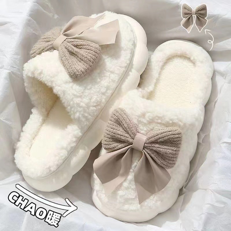 Women's cotton slippers autumn and winter indoor anti slip warm shoes, new cute plush bow high heels cotton slippers, designer shoes