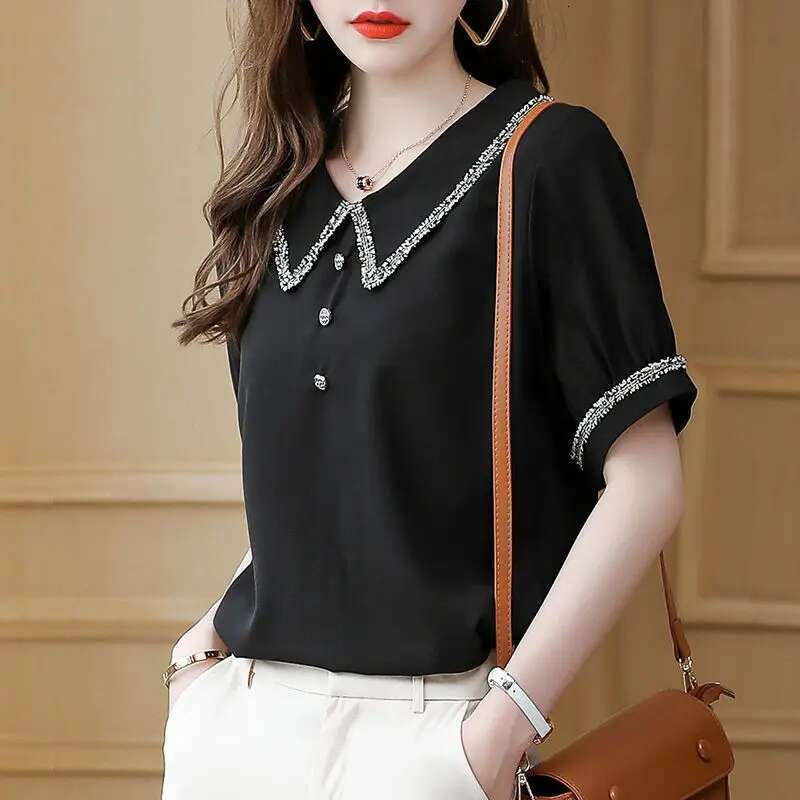 Top for Woman Office Outfits Clothing Black Womens Shirts and Blouses Chiffon Wear To Work Formal Collar Short Sleeve New 2025