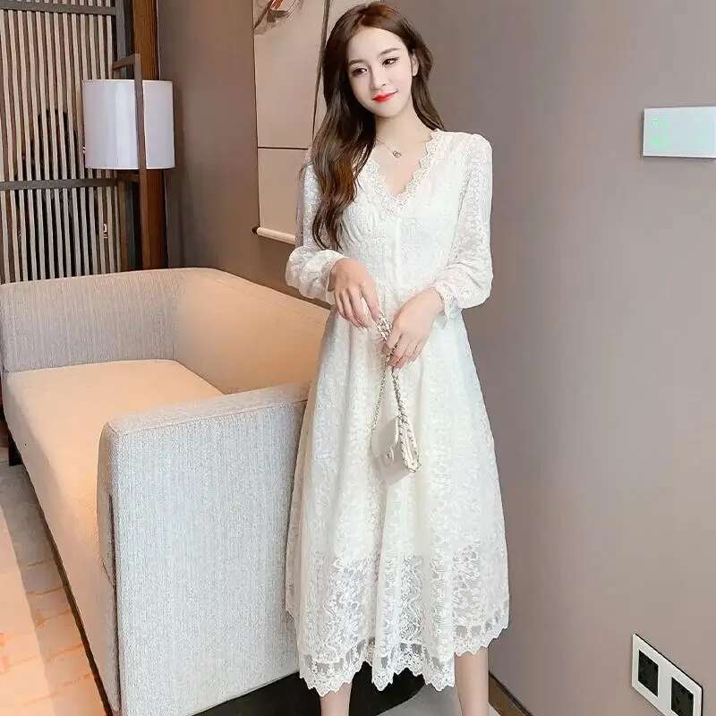 Hollow Womens Long Sleeve Dresses Midi Spring Autumn 2025 Chic and Elegant Female Dress Pretty A Line One-piece Casual Youth X