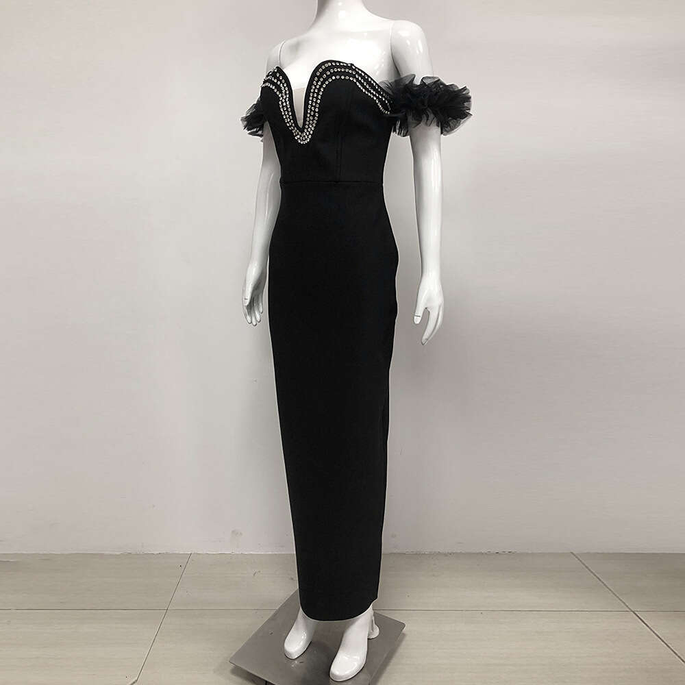 Autumn Winter Style Women's Fashion Temperament Slimming Bandage Strapless Rhinestone Embellished Elegant Dress