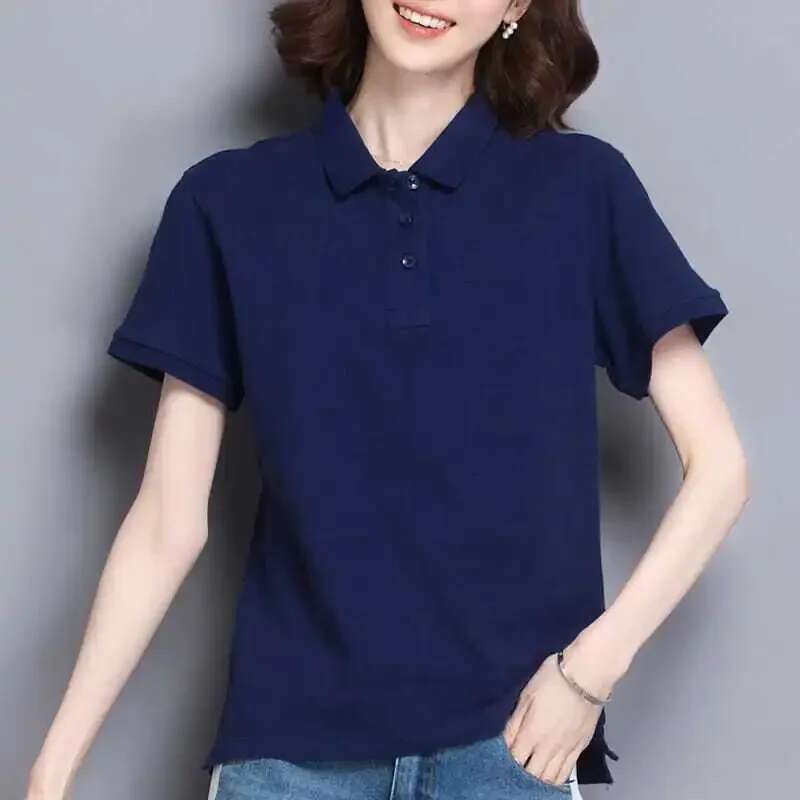Woman T Shirt Slim White Button Polo Neck Women Cotton Plain Clothing Trend 2025 in On Offer Fashion Youth Y2k Korean Style
