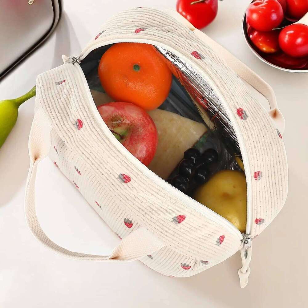 Women Men Cute Corduroy Lunch Tote Large Capacity Cooler Food Thermal Bag For Work Go To School Picnic