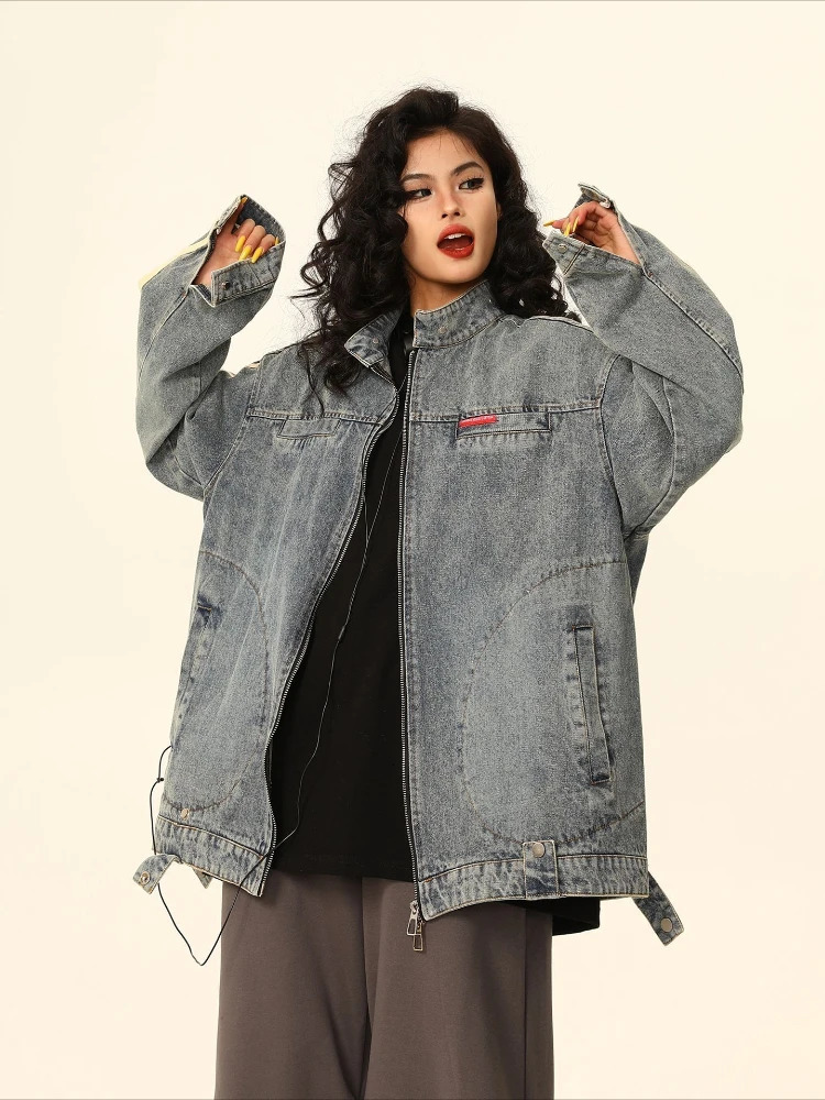 American Streetwear Denim Jackets Casual Loose Zipper Pockets Stand Neck Solid Color Coats Vintage All Match Women Clothing 250613