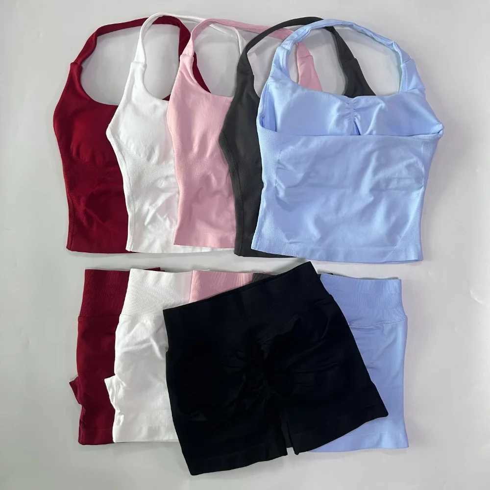 2pcs Gym Set Women Halter Tops High Waist Scrunch Seamless Shorts Clothes Activewear Workout Set Outfits Gym Suit W250617