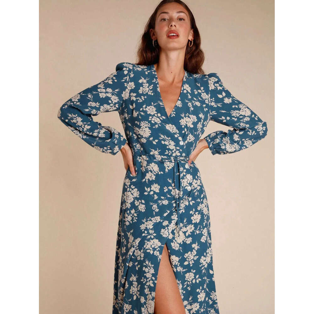 Luxury Dress Womens Dress Partydress 515#autumn New 2025 Printed V-neck Long Sleeve Mid-length French Tea Dress for Women