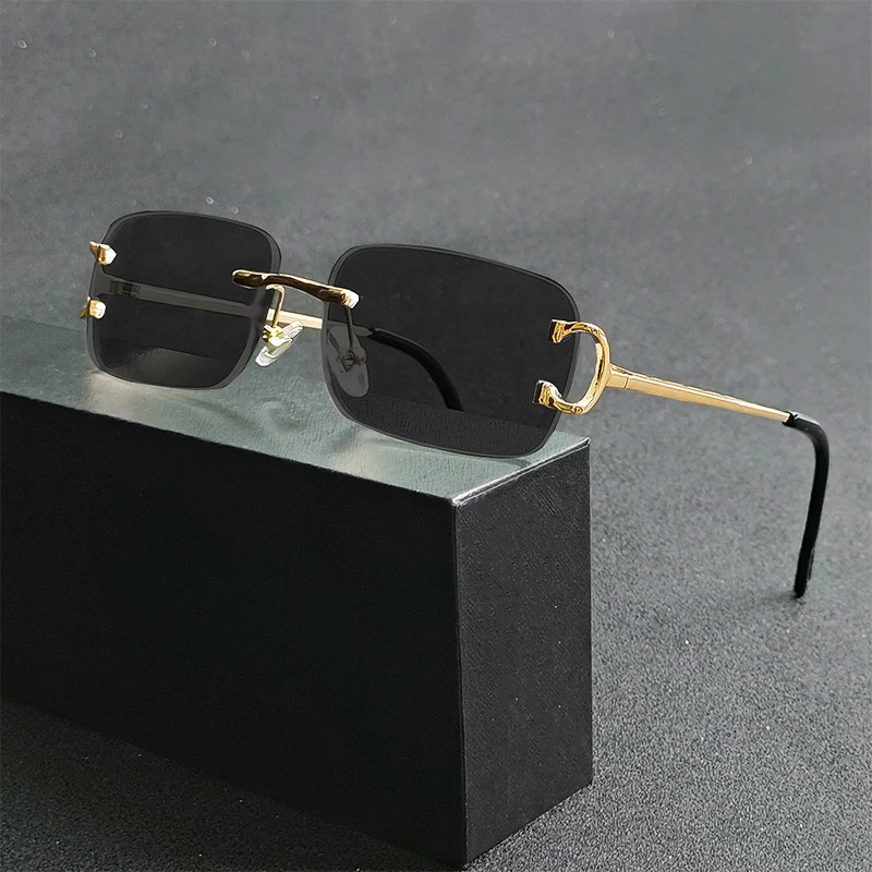 HBK Retro Rimless Sunglasses For Women Men Small Square Gold Frame Tea Shades Rectangle UV400 Zonnebril Eyewear 250616