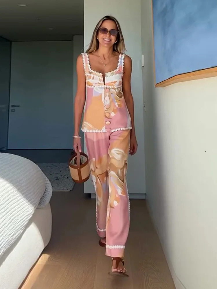 Womens Spliced Sling Trouser Suits Sleeveless Flower Printed Fashion Lady Sets 2025 Summer Elegant Female Street Outfits 250616