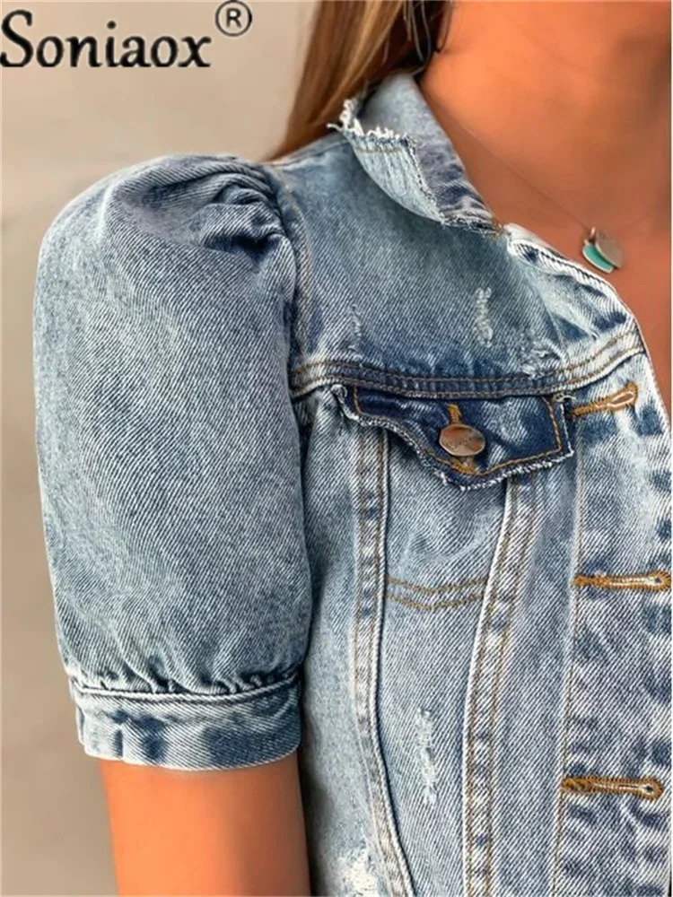 Fashion Women Streetwear Jean Coat Cropped Outerwear Jacket Female Tops Single Breasted Ripped Short Sleeve Denim Jackets 250616
