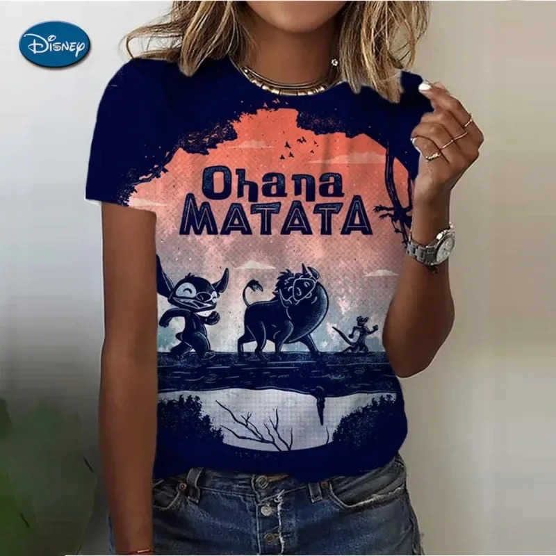 Disney 2024 Summer Disney Lilo Stitch 3D Print T-shirts For Women Cute Lady Summer T-shirts Casual O-neck Stitch T-shirts W250617