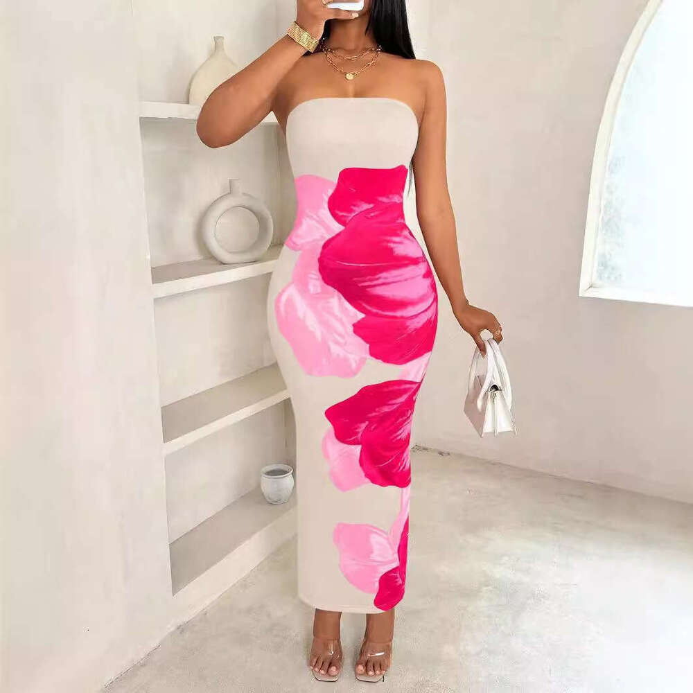 New Shein Women's Slim Fit Off-Shoulder Color-Block Floral Print Elegant Fashion Dress B5