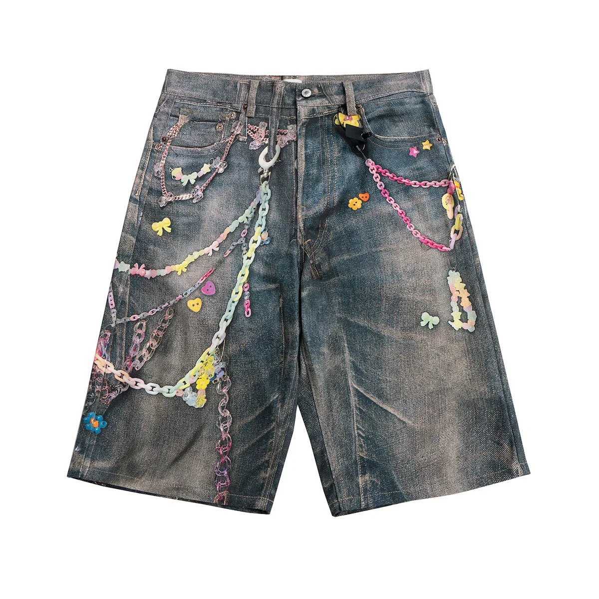 3D Candy Chain Print Baggy Jeans Shorts for Men Streetwear Summer Wide Leg Patchwork Casual Loose Knee Length Pants Oversized Z250617