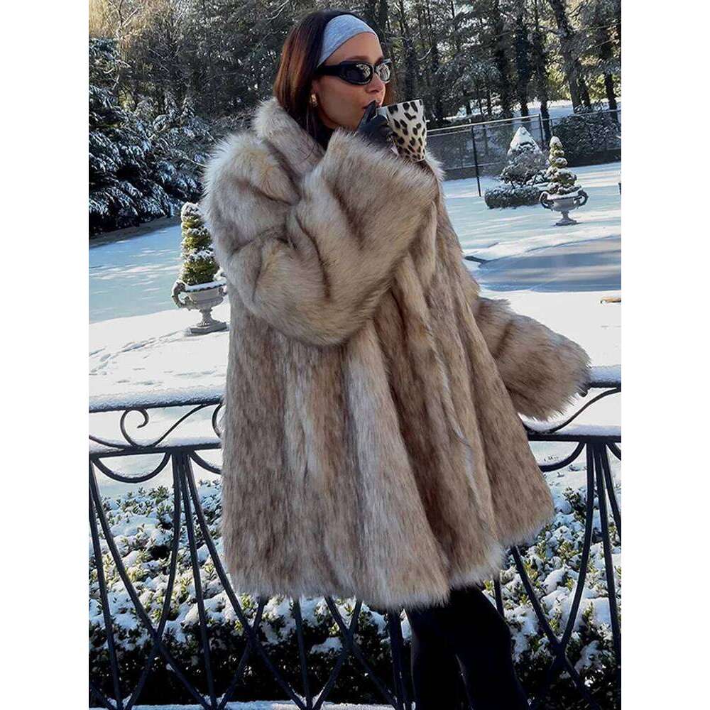 2024 Women Chic Lapel Collar Faux Fur Cropped Coat Elegant Thick Warm Full Sleeve Fluffy Plush Jacket Lady Winter Outwear