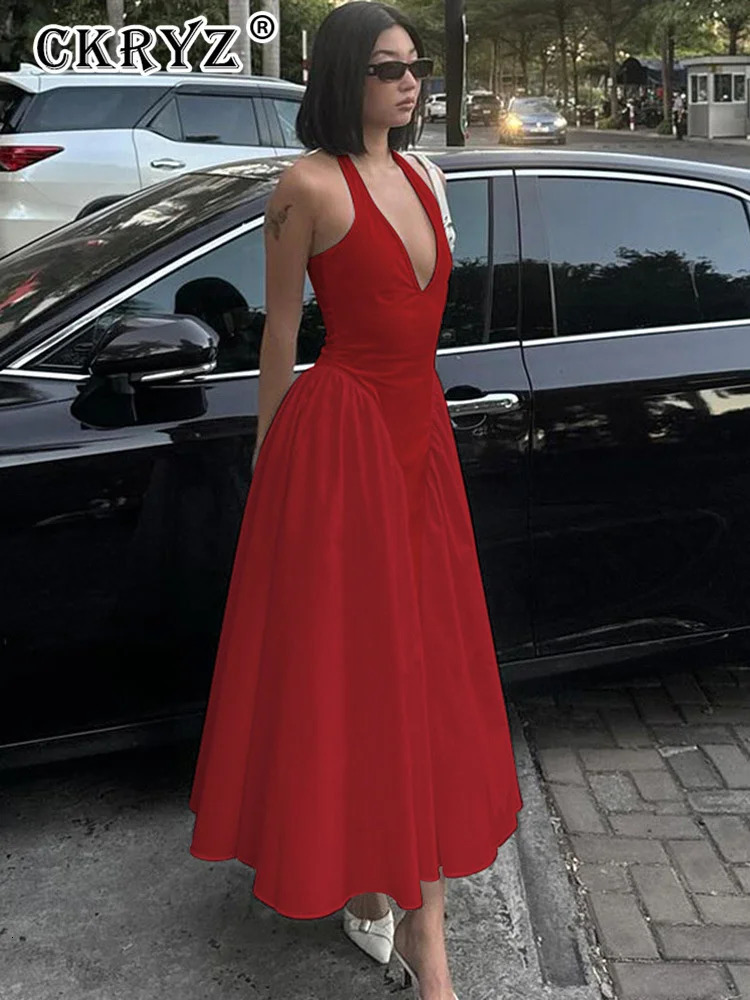 Ladies Summer Evening Party Fashion Dress Women Sleeveless Backless V-Neck Sexy Maxi Dresses Night Clubwear Female Outfits 250616