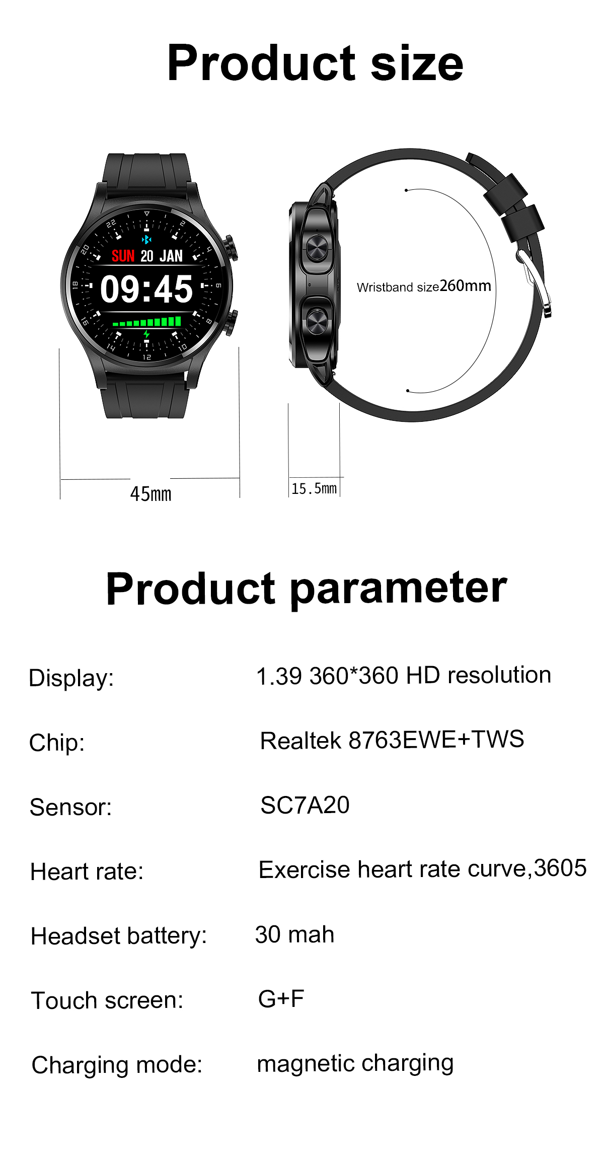 GT66 New Touch Screen Smart Watch Bluetooth Headset 2 In 1 Men Sports Fitness Tracker Electronic Watch Blood Pressure Monitor