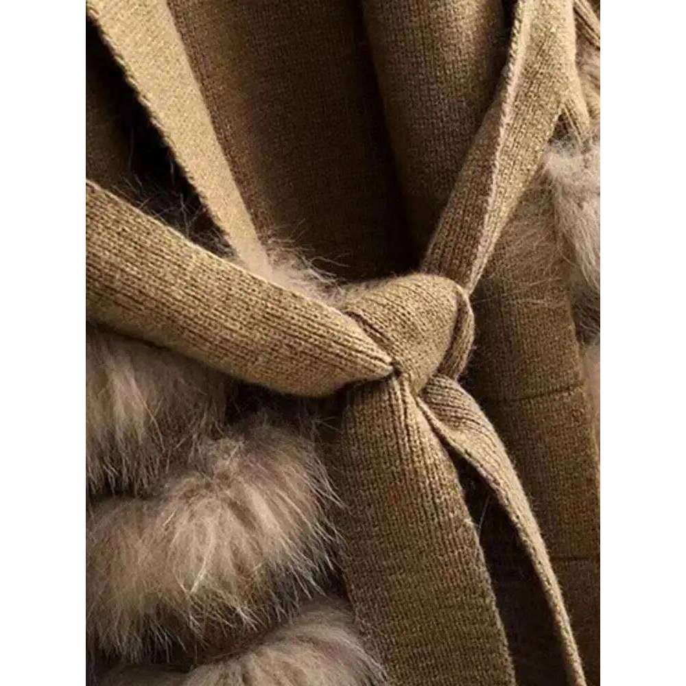LANMREM Real Fox Fur Casual Loose Knit Sweater With Bandage Women's Cardigan 2024 Winter Warm Clothing 2DB1810