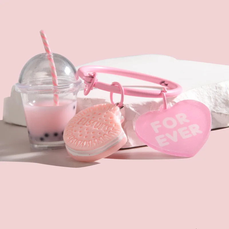 Cute Keychains Ice-cream Bubble Tea Biscuit Pink Key Rings Friendship For Friend Women Girl Handbag Gift Jewelry 250616