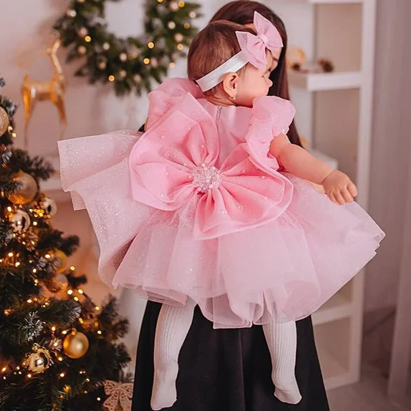 Baby Pink Flower Girl Dress Customized For Kids First Communion Dress Sparkling Beaded A-Line Short Sleeves Birthday Party Gowns 250617