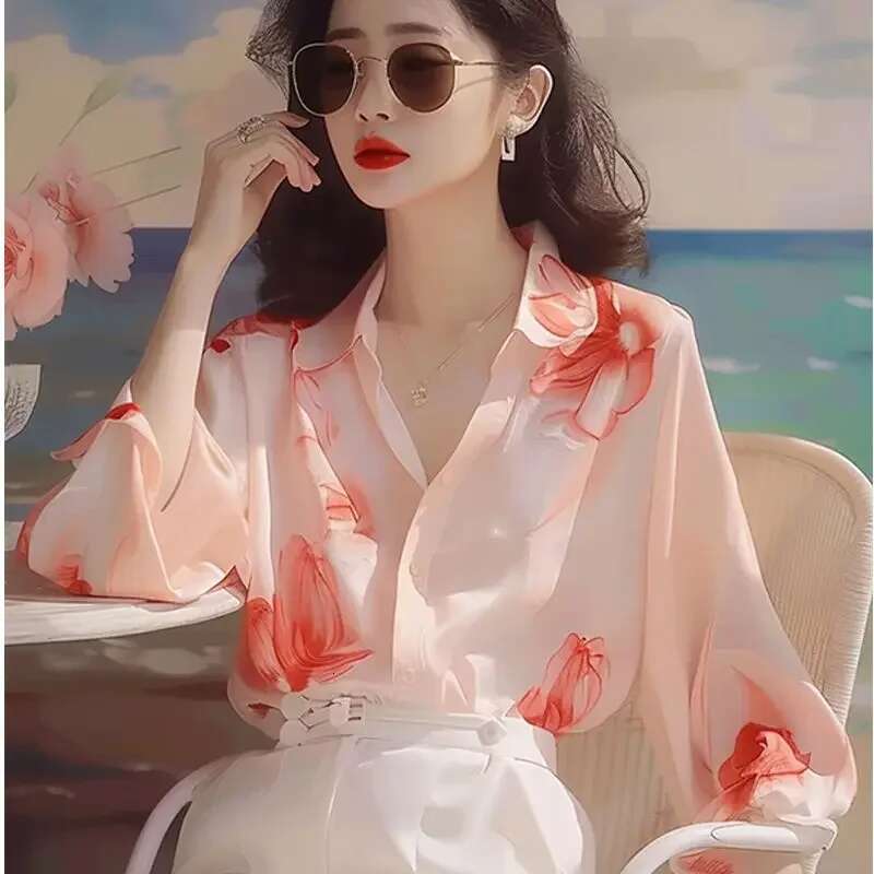 Woman Top Summer Chiffon Full Long Sleeve Shirts Blouses for Women Aesthetic Clothing Trend 2025 M Modern Tall Fashion Xl Y2k