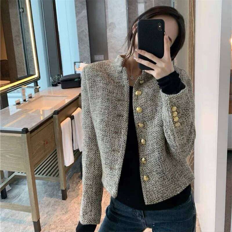 Korea Tweed Jacket Autumn New Women's Stand Collar Golden Buttons Elegant Coats Classic Weave Plaid Small Fragrance Blazer Q989