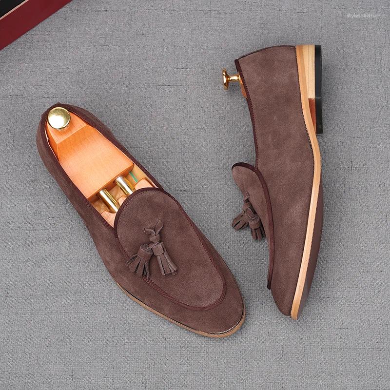 Dress Shoes Men's Suede Leather Tassels Loafers Pointed Black Brown Business Flats Designer Homecoming Wedding Footwear