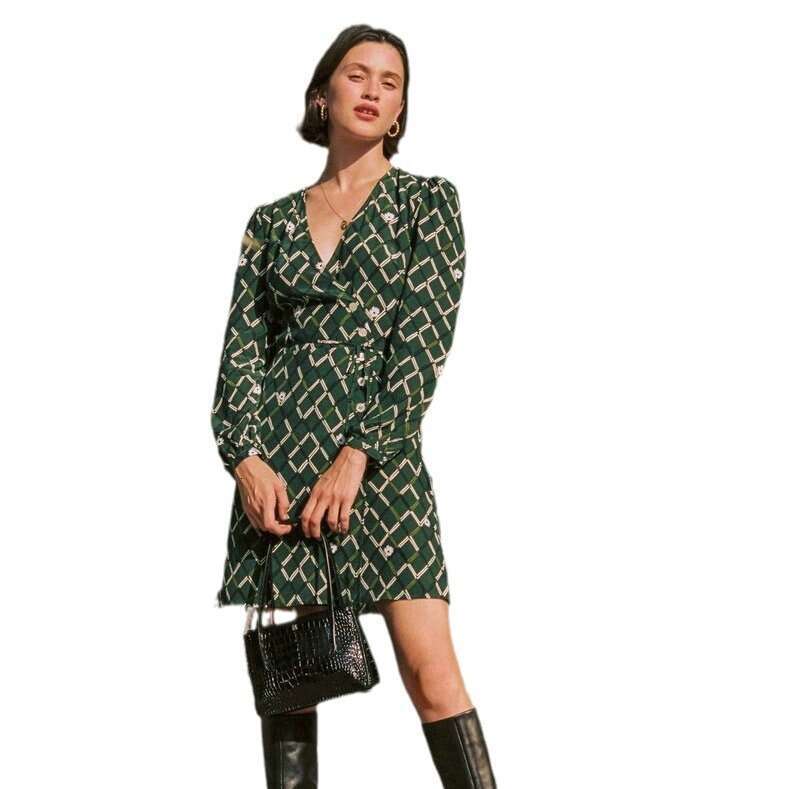 Luxury Dress Designer Dresses for Women 601 Spring Summer Liu Yifei Same Xu Hongdou 2025 Green Printed Short Long Sleeve Tea Dress French Style Women