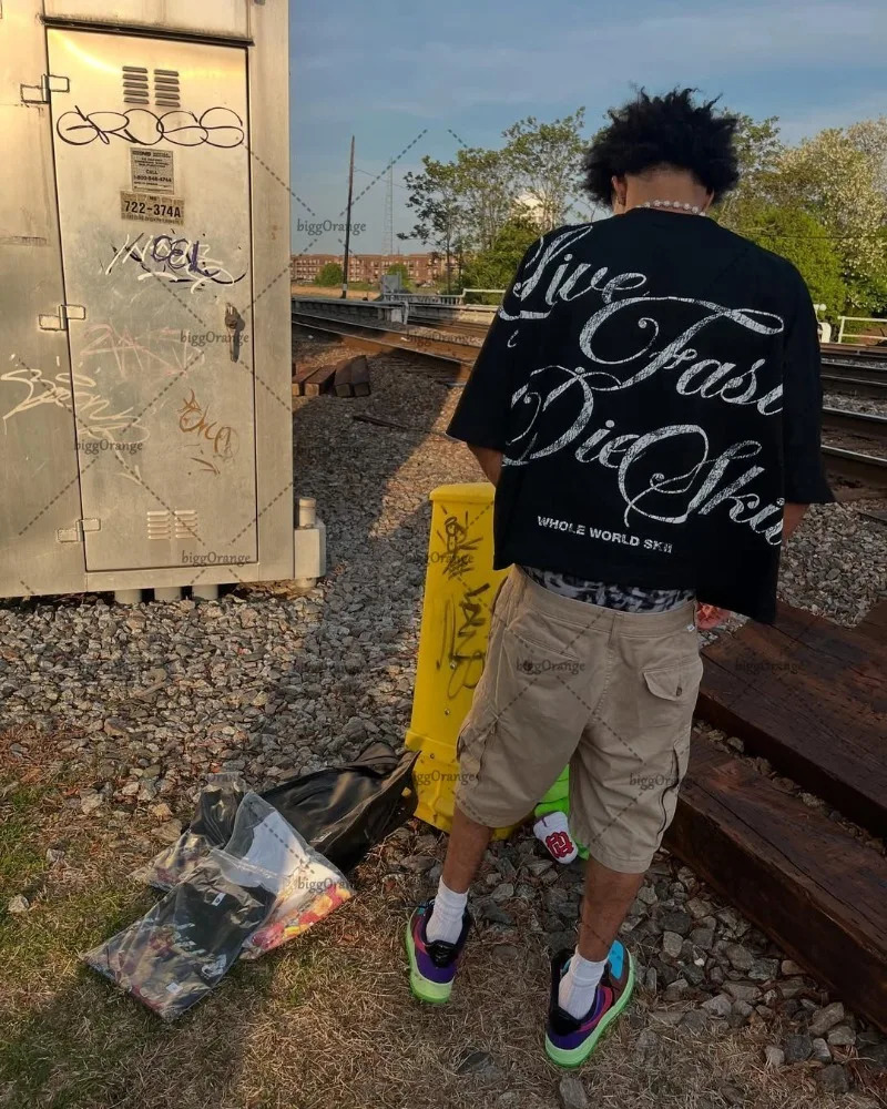 American Hip-hop Oversized T-shirt Y2K Streetwear Men Casual High Street Harajuku Trendy Pure Cotton Round Neck top Women 250616