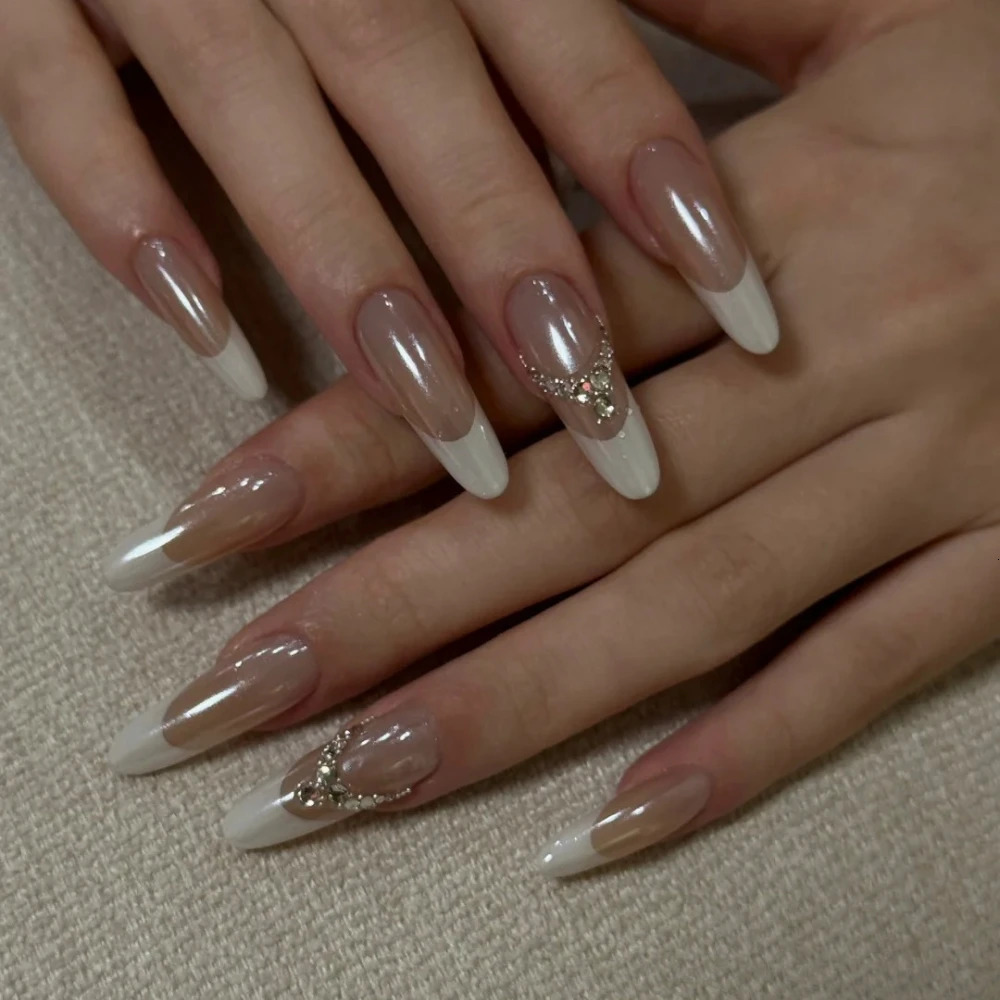 10Pcs Handmade Manicure Medium Almond Fake Nails French 3D Limited Nails Press On Nails with Adhesive Nail File Set 250612