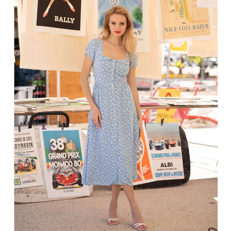 Partydress Birthday Dress Skirt N676 Summer 2025 Blue Square Neck Floral Dress Short Sleeve Waist-cinching Escaping Princess French Style Womens Cloth