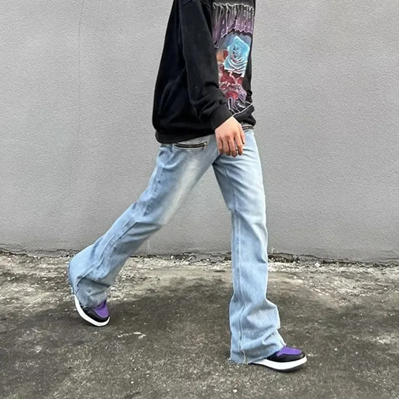Y2K Fashion Zipper Retro Washed Baggy Flare Jeans Pants Men Streetwear Hip Hop Wide Leg Straight Denim Trousers Ropa Hombre 250616