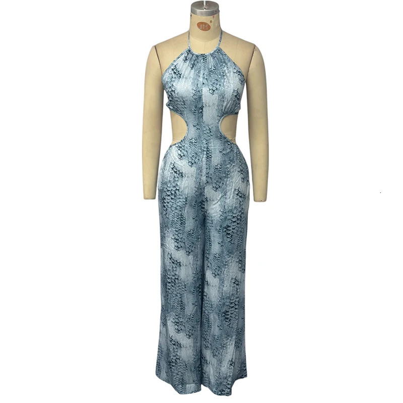 Wefads Women Jumpsuit Casual Fashion Sleeveless Printed Halter Neck Backless Lace Up Wide Legs Pants Rompers Streetwear 250617