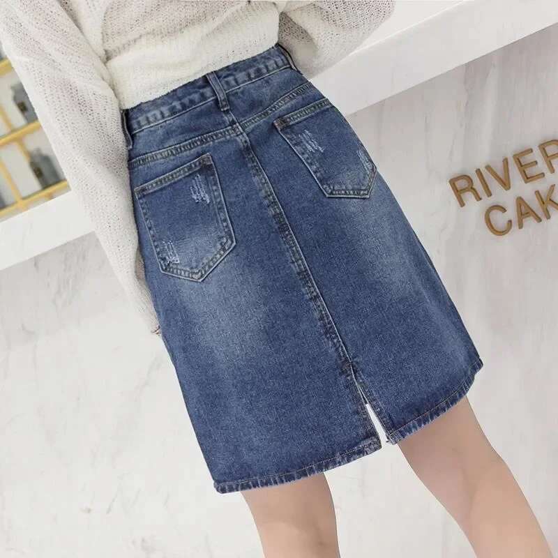 Womens Denim Skirt Zipper Blue with Pocket To Knees Length Chubby Ripped Midi Female Jeans Skirts New in Streetwear Aesthetic V