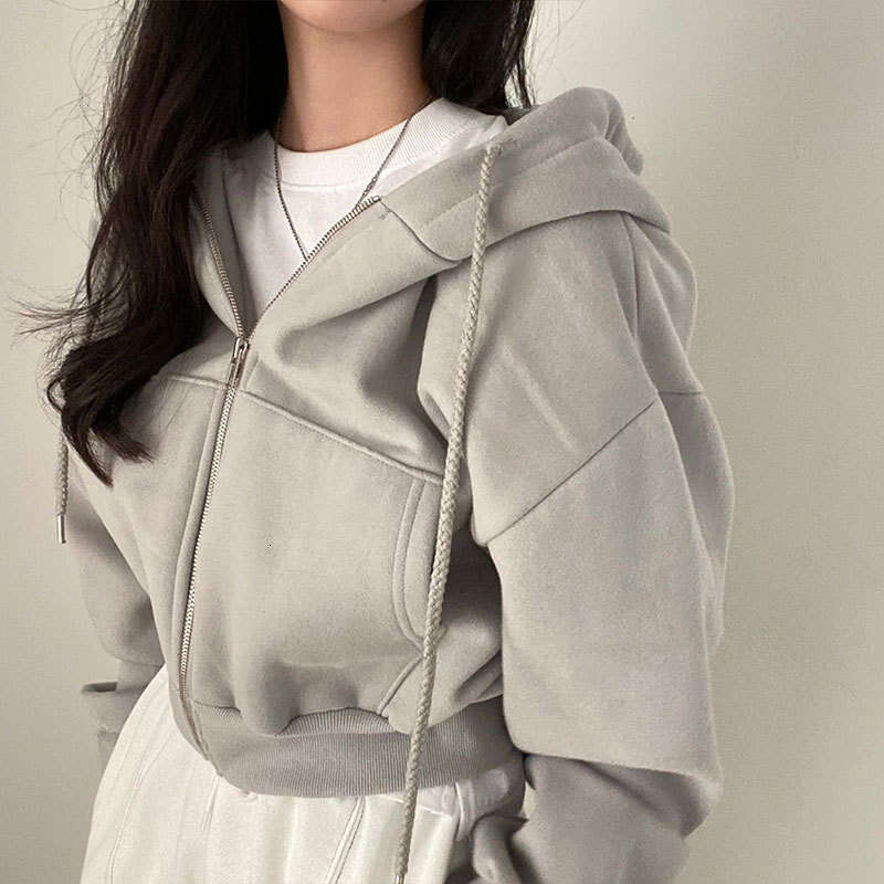 Spring Summer New Ins Versatile Fashion Short Slim Fit Zipper Warm Solid Color Hoodie Women 661 B5