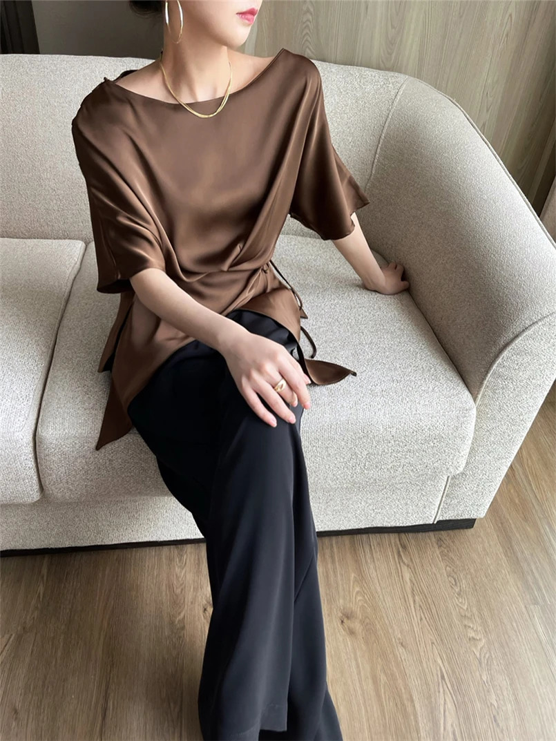Half Sleeve Chic Woman Blouse Summer Tops Belt Irregular Womens shirt Blouses seda blouse blusas elegantes femeninas 250614