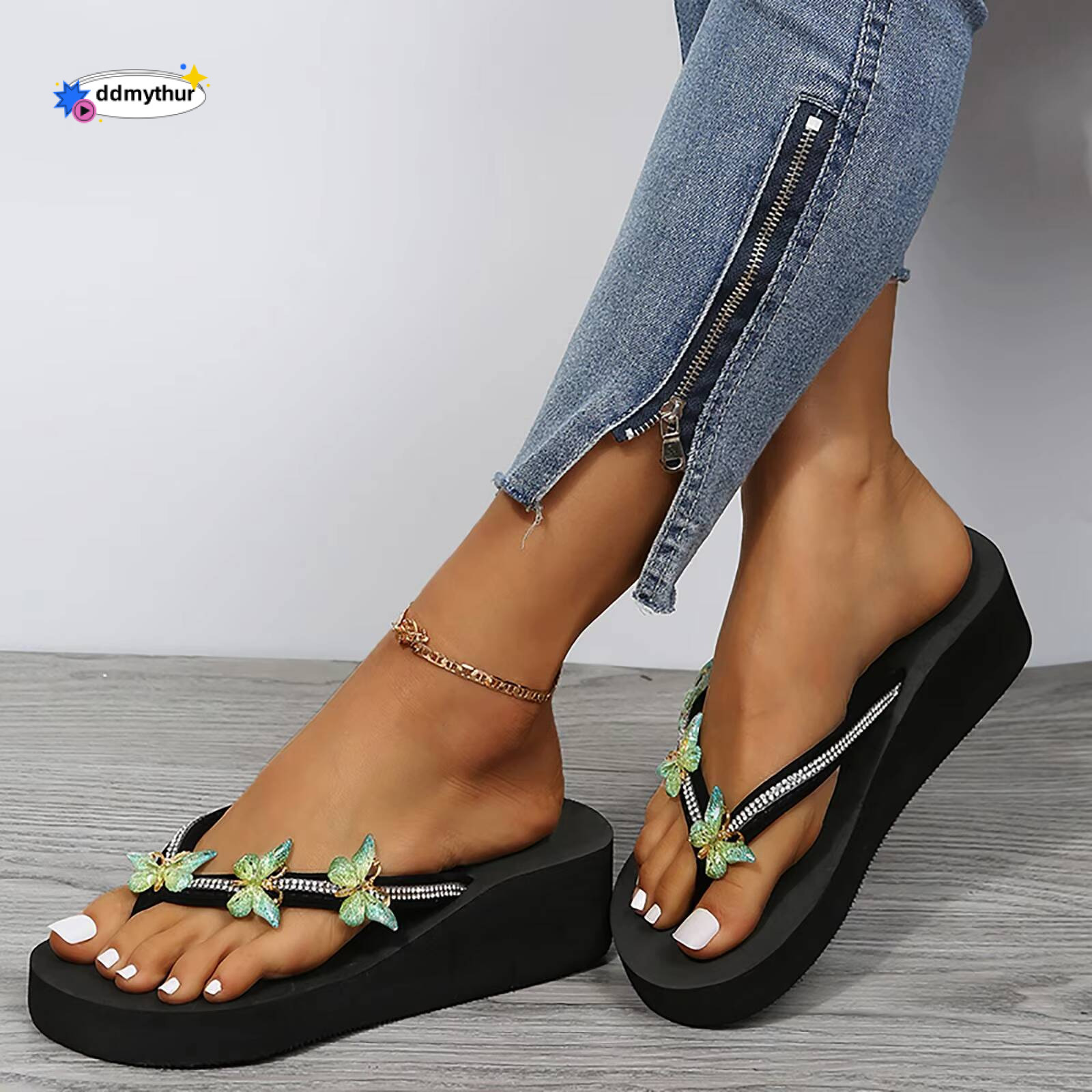 Ladies Fashion Summer Flip Flops Casual Rhinestone Butterfly Sandals Women Beach Vacation Crystal Non-Slip Platform Slippers ddmythur