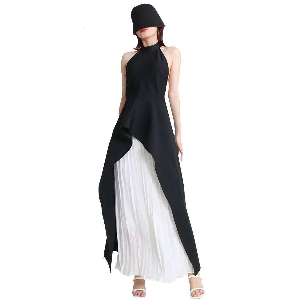 Designer Clothing 2025 Hit Color Two Piece Set For Women O Collar Irregular Tops High Waist Pleated Midi Skirts Sets Female Clothes