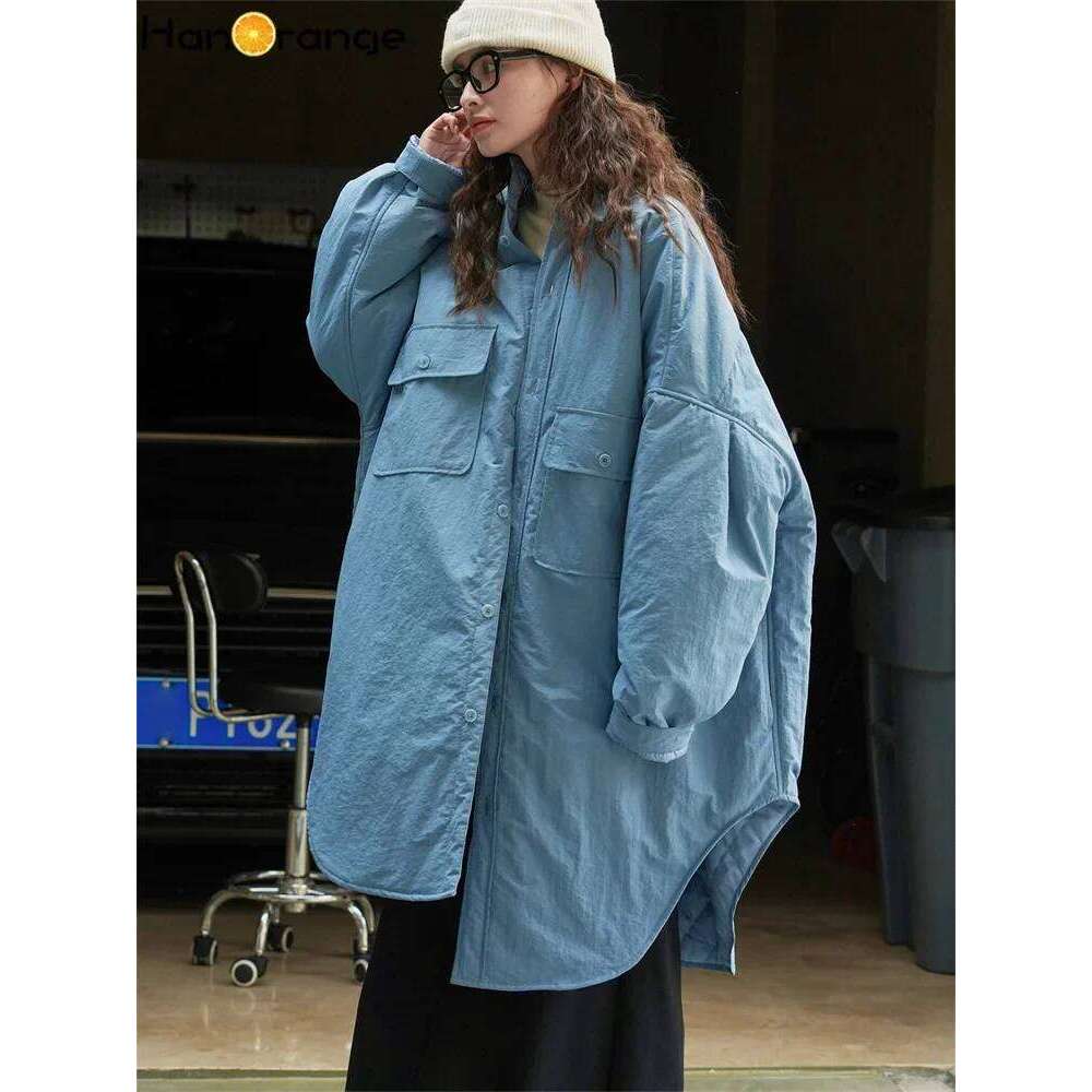 HanOrange 2024 Winter Street Lazy Parkas Women Loose Warm Casual Cotton-padded Shirt Female Vintage Blue/Dark Gray