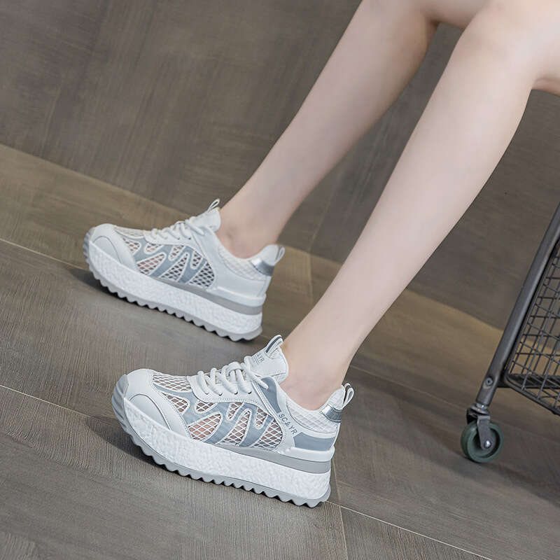 White Sneakers Height Increasing 2025 Casual Fashion Versatile Korean Style Thick Sole Breathable Mesh New Dad Women's Shoes