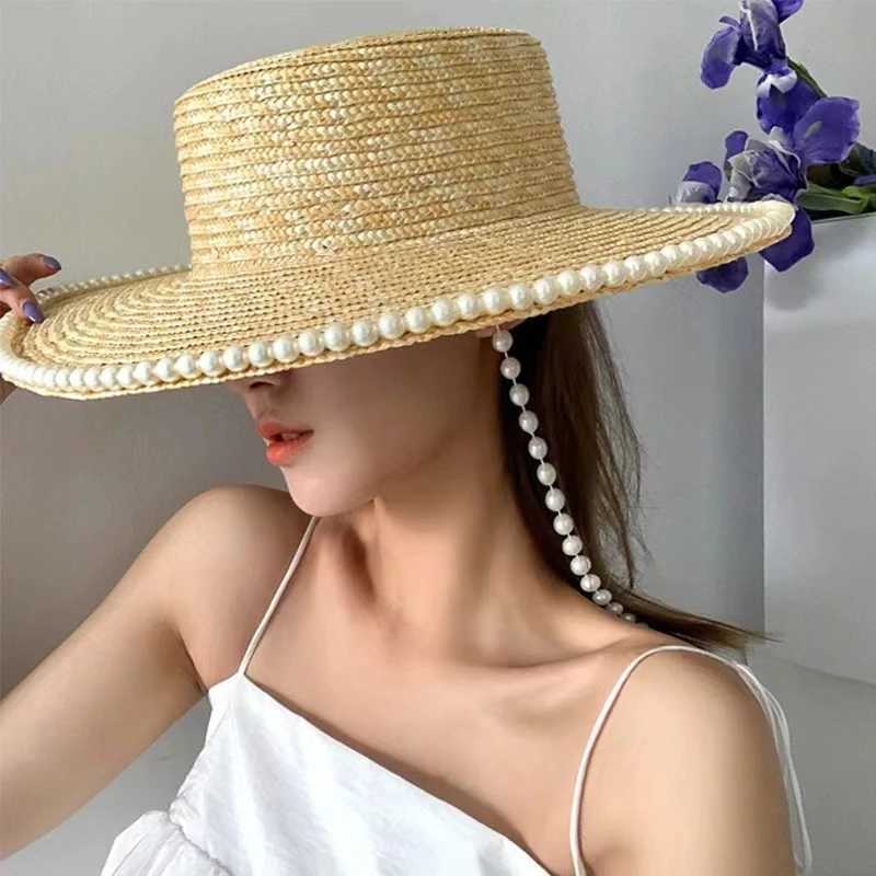 Wheat Straw Sun Hat For Women Summer Pearl Wide Brim Floppy Panama Fishermen Hats Female Lady Outdoor Foldable Beach Sun CapsXJ250617