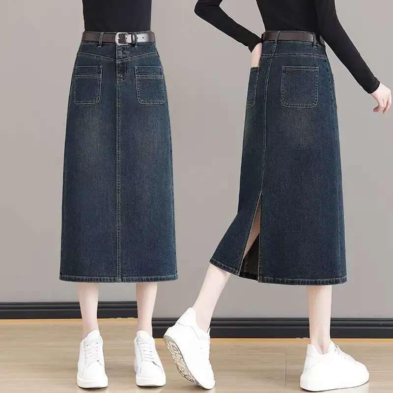 Vintage With Pocket Midi Jeans Skirts for Women Premium Clothing Sales Harajuku Streetwear Chic and Elegant Woman Denim Skirt