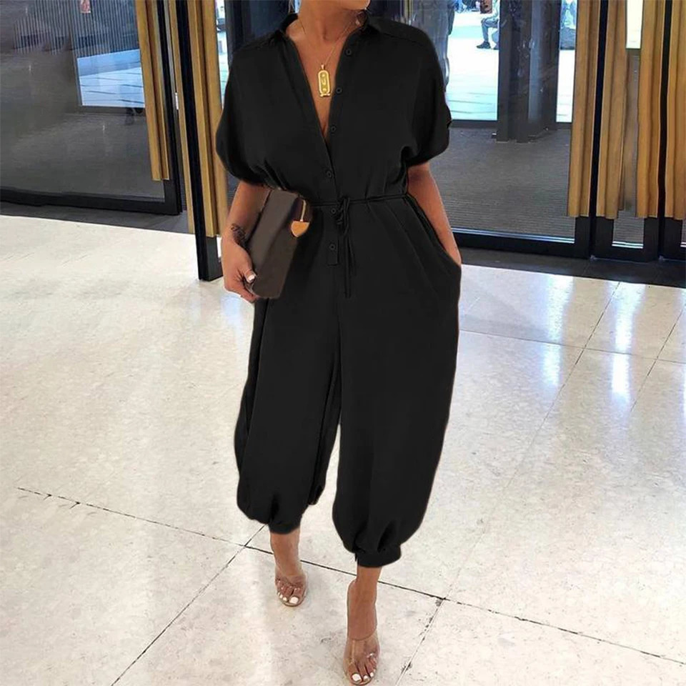 High Waist One Piece Short Sleeve Jumpsuit for Women Clothing Summer Casual Bodysuits Long Pants Female Playsuit Trousers M 250616
