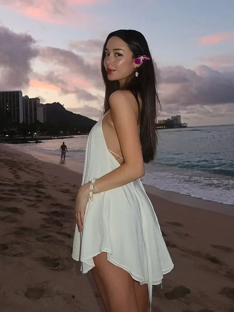 Elegant Strapless Pleat Halter Vestido Women Chic Sleeveless Solid Off Shoulder Backless Lace Up Dress 2025 Holiday Beach Outfit 250616