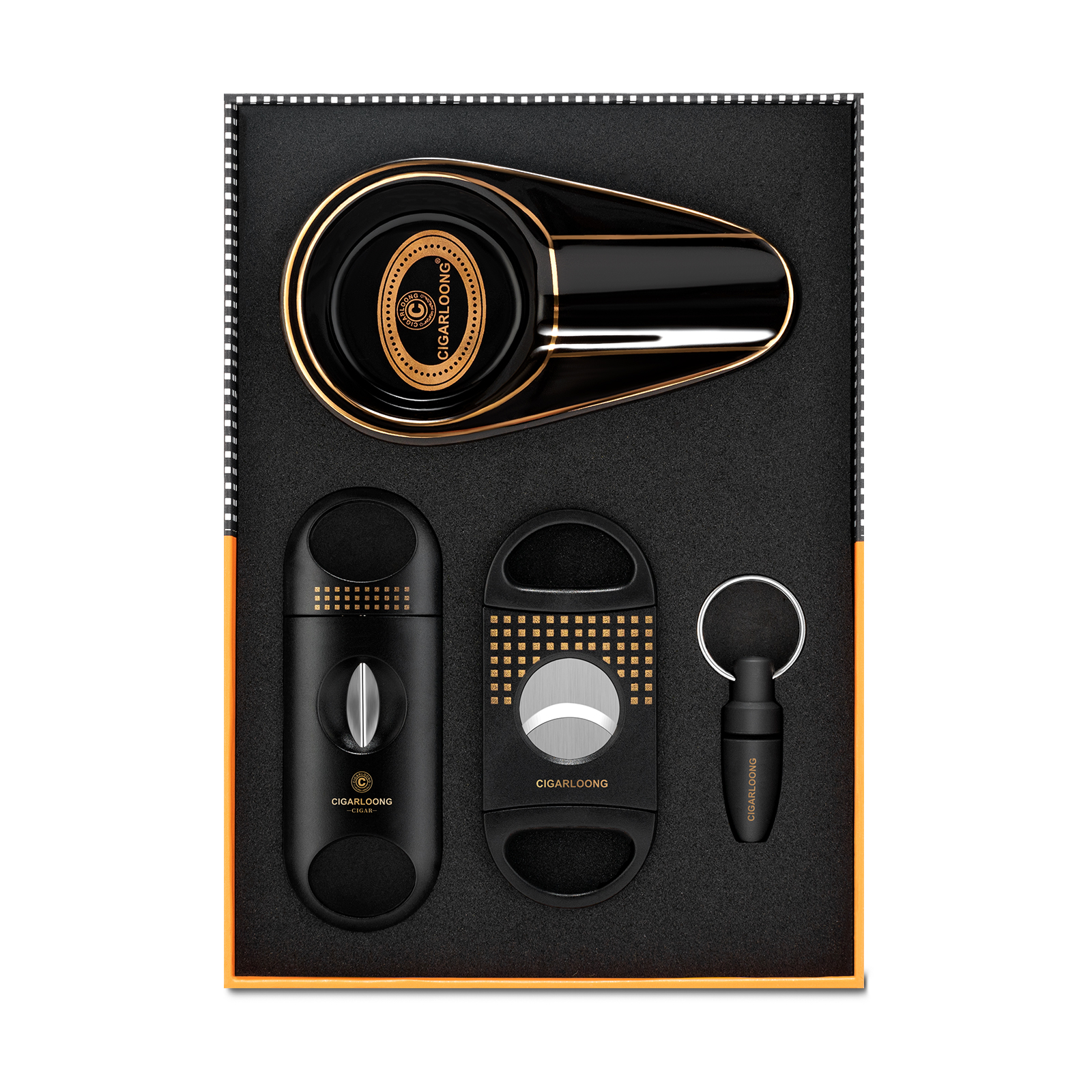 CIGARLOONG Cigar Ashtray and Cigar Cutter Set, Portable Ceramic Ashtray with Guillotine, V-Cutter and Punch, Accessories Set, Gift for Men
