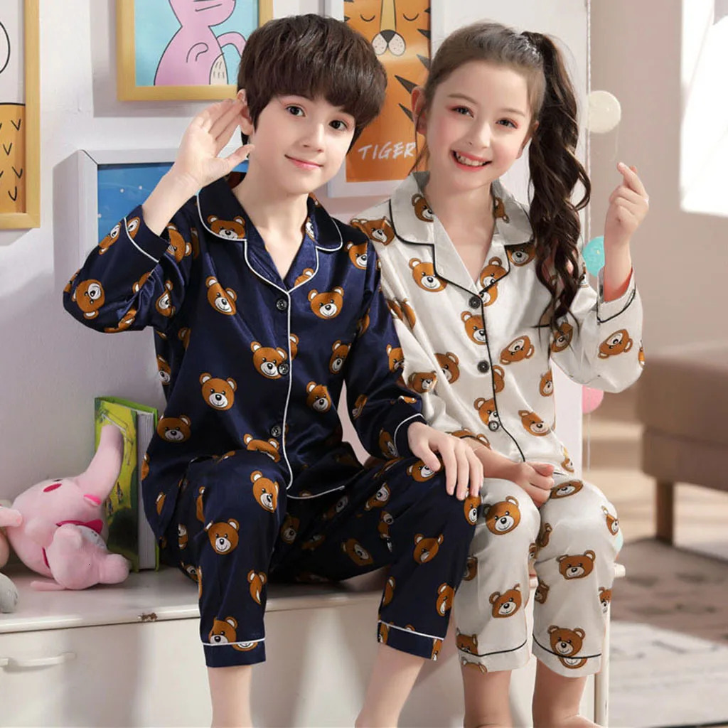 Children Silk Satin Pajamas Set Baby Boys Girls Cartoon Little Bear Tops Trousers 2Pec Spring Autumn Kids Casual Home Sleepwear 250617