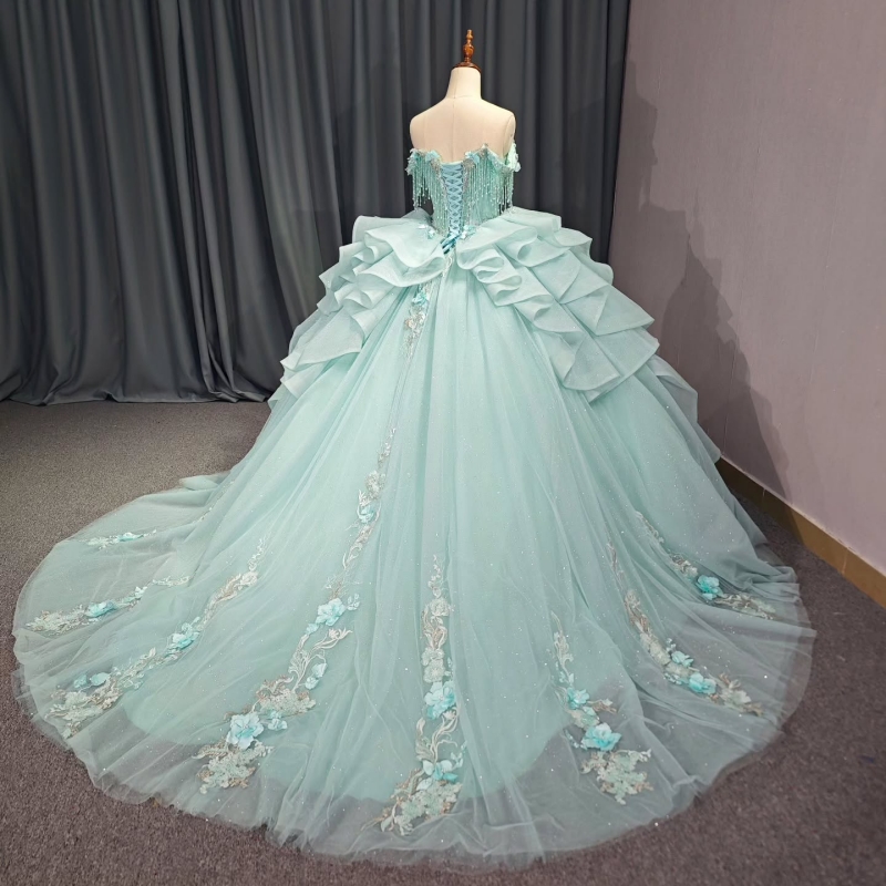 Mint Green Quinceanera Dresses Ball Gown Off The Shoulder Applique Flower Beading Crystal Tull Sweet 16 Dress Vestidos 15 Anos