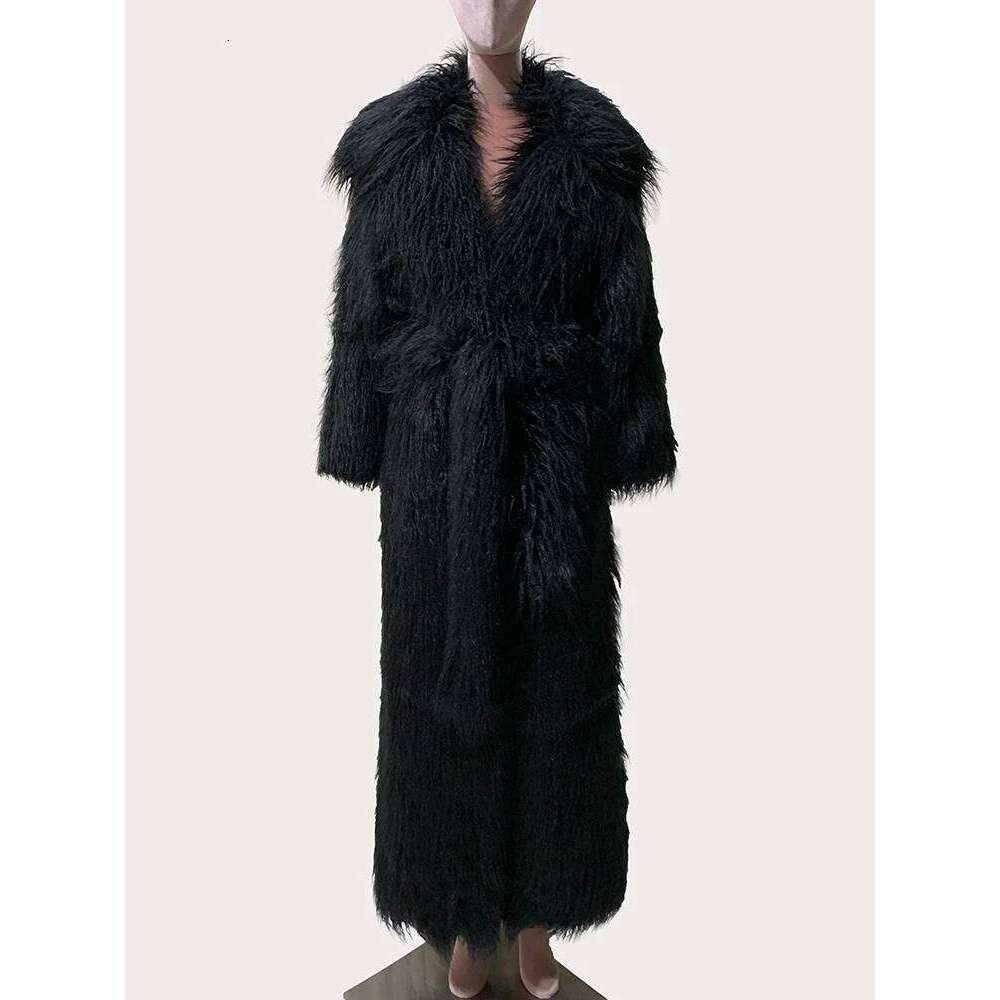 Mauroicardi Winter Extra Long Black Thick Warm Shaggy Fluffy Fuzzy Faux Fur Coat Women Sashes Elegant Maxi Furry Overcoat